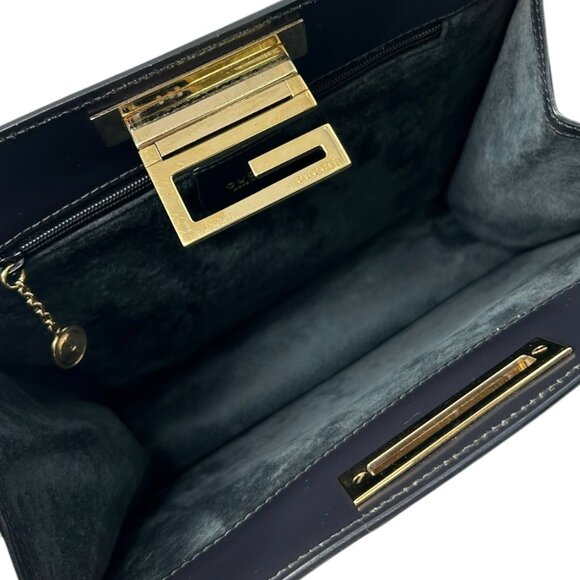 GUCCI Vintage G Square Logo Shoulder Bag Handbag Black Gold Suede [105633] - Picture 12 of 13